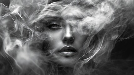 Mysterious woman with striking features partially obscured by swirling smoke in a dark setting. Generative AI