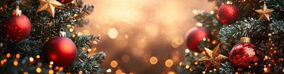 Christmas Tree Decoration with Red Ornaments and Golden Lights for Festive Celebration