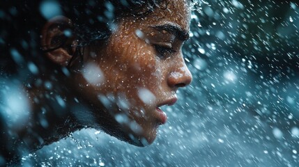 Woman enjoying refreshing water droplets during a summer rainy day in an outdoor setting. Generative AI