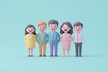 Fototapeta premium 3D diverse group of people standing together in casual pastel clothing. A friendly community concept featuring smiling characters on a soft turquoise background. 