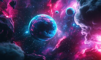 Obraz premium A brilliant blue planet surrounded by glowing pink and purple nebula clouds, with bright stars scattered across the universe in a vivid and otherworldly cosmic scene