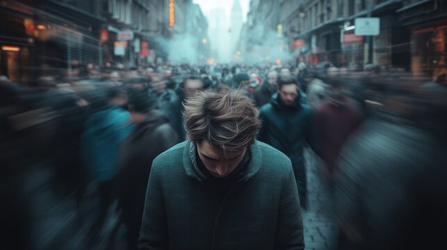 Crowd of people in a busy urban street with one individual standing out in focus. Generative AI