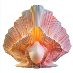 Fototapeta premium Large Scallop Shell with Gentle Pink and Orange Hues, Perfectly Symmetrical, Isolated on White Background