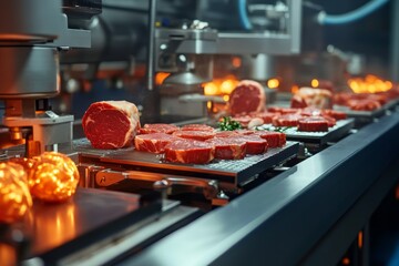 Detailed view of automated machinery precisely slicing and packaging meat products on a conveyor line in bright lighting