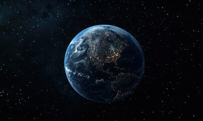 Obraz premium A stunning view of Earth at night from space, showcasing illuminated city lights across continents, surrounded by the vast darkness and sparkling stars of the universe