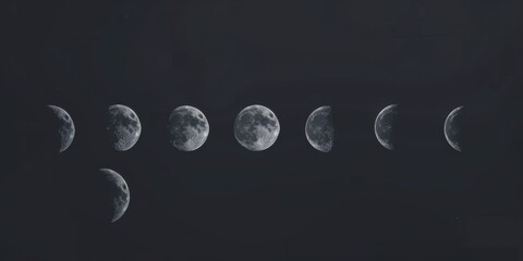 A deep black background featuring minimalist, subtle moon phases, Celestial and repetitive design