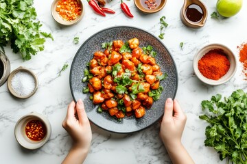 A beautifully plated general tso chicken with garnishes on a marble countertop in bright natural light