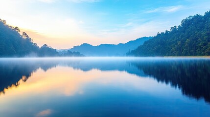 Fototapeta premium Morning mist nature concept. Serene lake reflecting colorful sky and lush mountains at dawn.