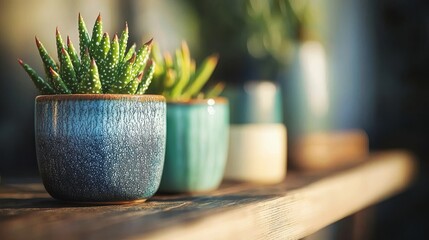 Vibrant Succulent Plants in Colorful Pots on Wooden Table Surface