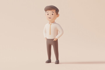 3D cartoon businessman with dark hair wearing a suit and tie on a pastel background.  
A cheerful professional character standing confidently in a minimal corporate scene.
