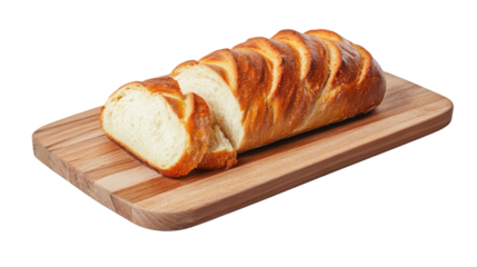 Sliced bread loaf resting on wooden cutting board with transparent background