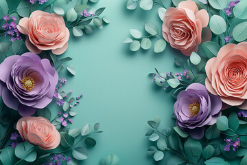 Beautiful postcard with copy space. Frame of paper flowers, eucalyptus leaves on a pastel mint teal background. Perfect for Women's Day or wedding invitations.