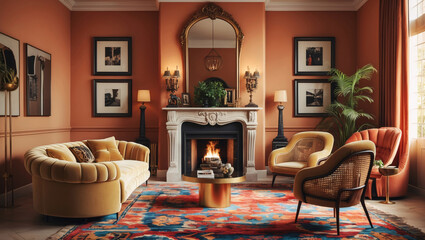 Fototapeta premium Eclectic living room design with a fluffy couch classic mirror intricate patterned carpet red and warm tone walls and a fireplace with a pink and peach color palette cozy atmosphere