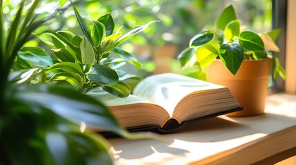 Peaceful Reading Corner with Open Book and Green Houseplants