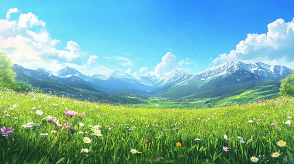Fototapeta premium Lush green valley under a bright blue sky with rolling hills covered in wildflowers, distant snow-capped mountains on the horizon