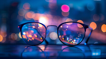 Close up of glasses on colorful bokeh background