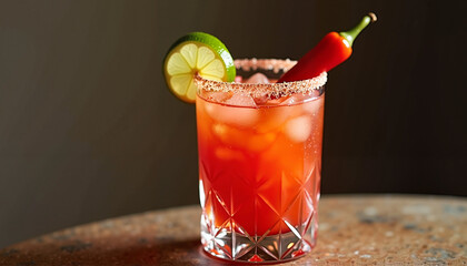 A fiery red Caesar cocktail with a chili pepper garnish, served in a glass with a salted rim. The perfect balance of spice and citrus for an invigorating drink experience.