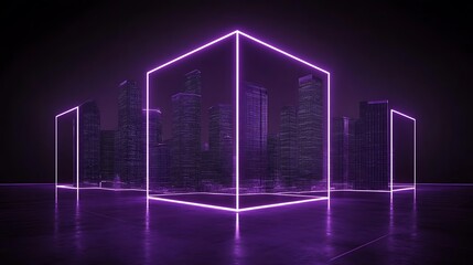 Neon Cityscape Encased Within Purple Geometric Frame