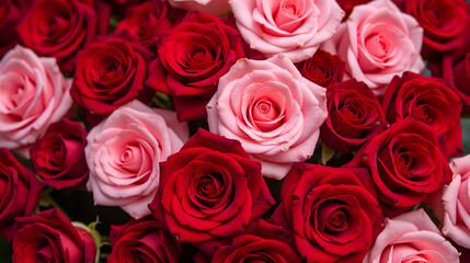 Naklejka premium Vibrant Red and Pink Roses in Full Bloom Showcasing Beauty and Elegance for Floral Arrangements and Decorations