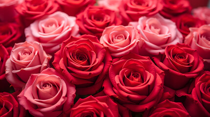 Fototapeta premium Vibrant Array of Red and Pink Roses with Soft Petals and Delicate Green Foliage for Floral Designs and Romantic Occasions