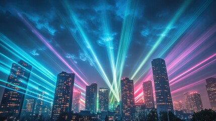 Fototapeta premium Colorful laser beams illuminate a city skyline during a vibrant nighttime event. Generative AI