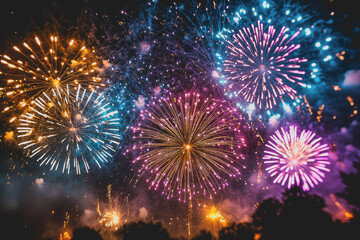 Fototapeta premium Colorful fireworks bursting in the night sky creating a vibrant display of light and color during a festive celebration or event
