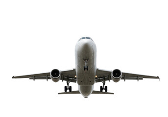 A modern commercial airplane with sleek design, isolated on a white background