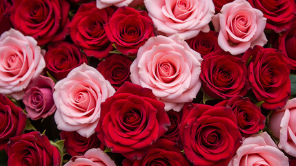 Obraz premium Vibrant Arrangement of Red and Pink Roses Creating a Lush Floral Display for Celebrations or Romantic Occasions in Natural Light