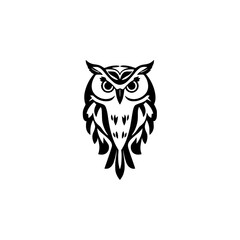 Majestic Owl: Black and White Vector Illustration. Perfect for logo, symbol, or graphic design projects.  Captures the wisdom and beauty of this nocturnal bird.