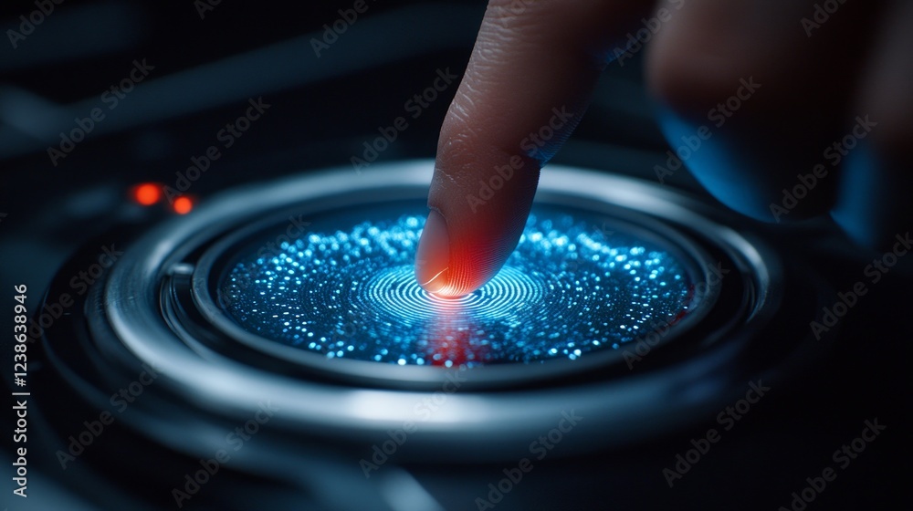 Poster a fingertip gently touches a high-tech touch interface, lighting up dynamic patterns in vivid colors