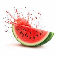 Freshly Sliced Watermelon with a Splash of Juice Droplets, Isolated on White Background