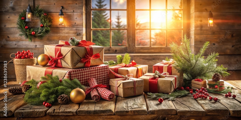Aufkleber rustic christmas scene with wrapped gifts on a wooden table, illuminated by warm light filtering thr