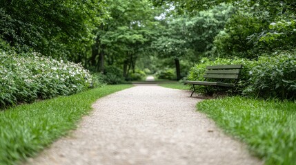 Park bench path; tranquil garden scene; peaceful rest