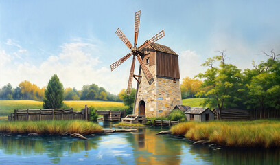 Fototapeta premium Romantic scenery of a historic windmill by a tranquil river surrounded by lush greenery and a clear blue sky