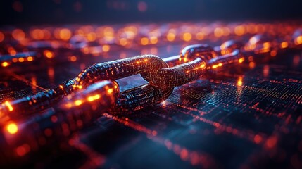 Close-up of a glowing digital chain link on a futuristic background with vibrant data patterns