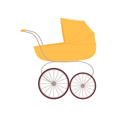 Retro baby carriage. Kids stroller with cradle and canopy. Infants transport, trolley. Vector illustration isolated on white background