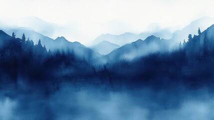 Tranquil Abstract Watercolor Landscape Deep Navy Blue Soft Cerulean Organic Shapes Calmness Impressionist Style