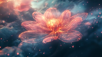 A surreal depiction of a flower-shaped galaxy glowing in a vast cosmic space