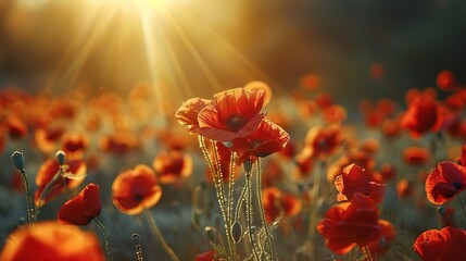 The Mesmerizing Harmony: A Poppy Field Illuminated by Enchanting Sun Rays