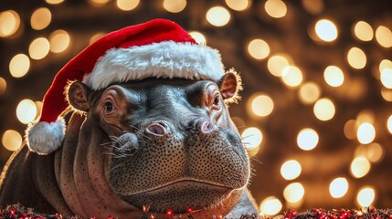 Cute Hippopotamus Wearing Santa Claus Hat, Christmas Holiday Symbol, Fun and Festive Winter Theme, Cozy Atmosphere, Adorable Hippo with Red Cap, Celebration Spirit, New Year, Seasonal Decor, Playful a