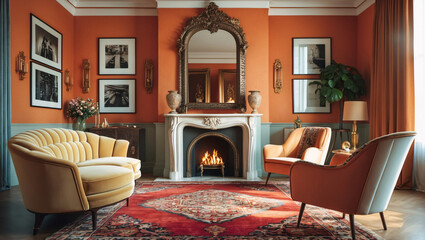 Elegant living room design with eclectic style including a fluffy sofa red walls classic mirror patterned carpet and fireplace finished off with a beautiful pink and peach color palette