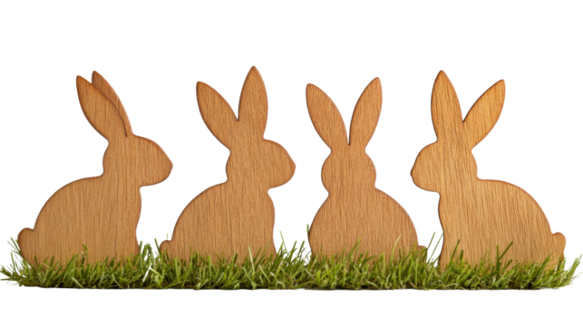 Four wooden easter bunnies sitting in green grass on transparent background