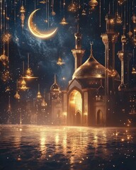 Obraz premium Golden Mosque Under the Crescent Moon: A Night of Lights and Serenity.