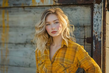 Photo of young woman wearing yellow plaid shirt denim jeans.