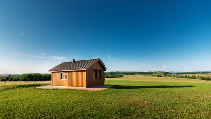 Small Wooden Cabin Picturesque Rural Landscape Stock Photo