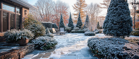 Enchanting winter garden with snow-covered trees and bushes, bathed in soft golden sunlight. Cozy patio, backyard house entrance with frosty plants. Exterior design landscape. Generative ai