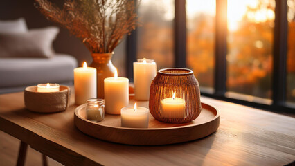 Rustic Table Decor with Candles and Wooden Tray Stock Photo
