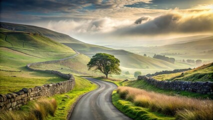 Fototapeta premium Serene Country Road Winding Through Rolling Green Hills at Sunrise