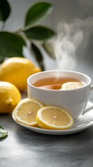 A steaming cup of tea sits on a plate, garnished with fresh lemon slices, alongside vibrant lemons on a marble table, creating a comforting atmosphere