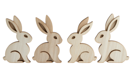 Four wooden easter bunnies facing each other on transparent background